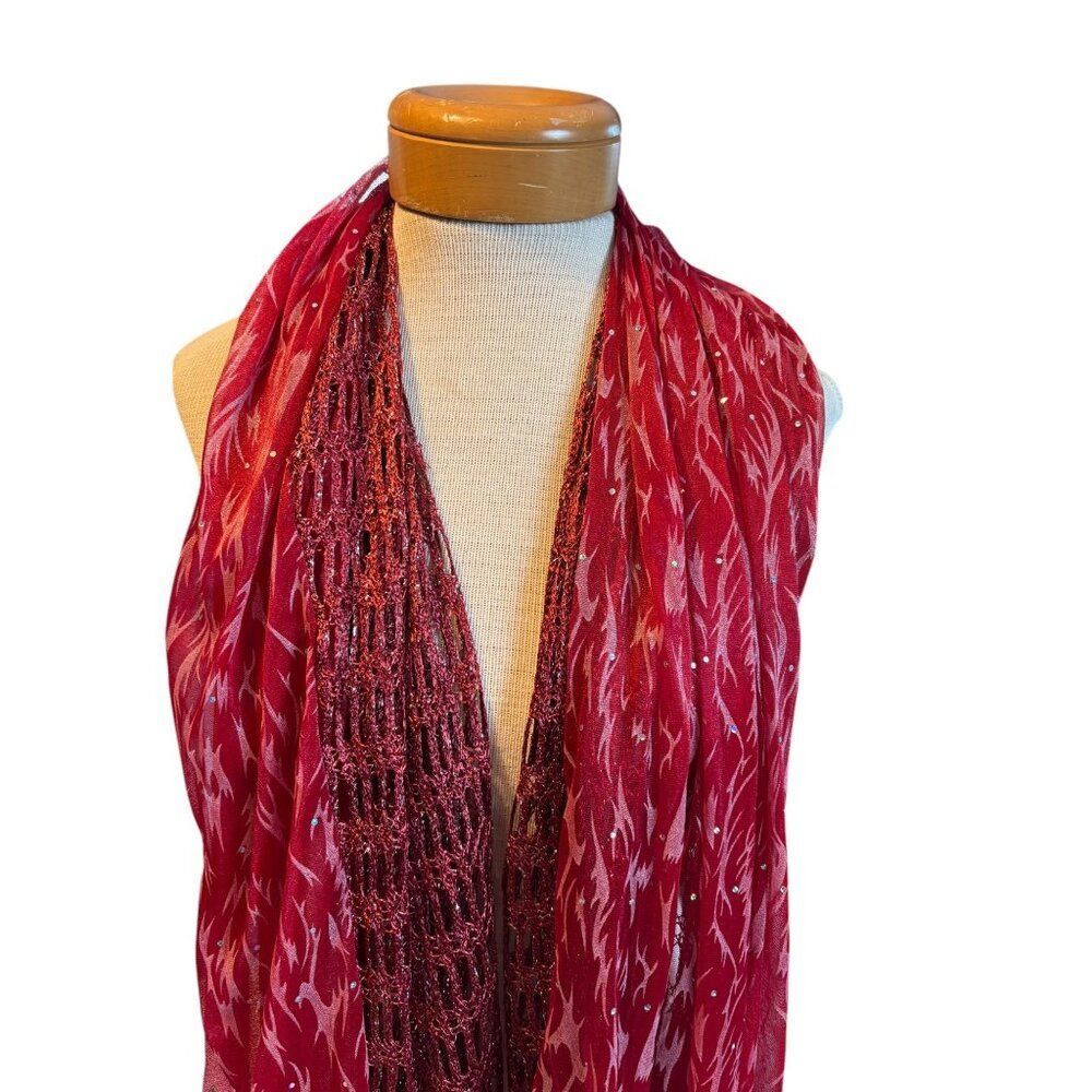 Red & Pink Polyester Fashion Scarf With Fringe Details